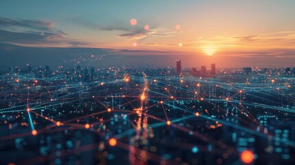 Futuristic smart city at sunset, illuminated by AI-driven glowing digital networks. The vibrant grid of interconnected lights stretches across urban landscape, blending technology with natural beauty