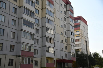Cityscape of Russia. Panel house of the Soviet Union, old architecture of the building in the brutalism style