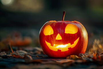 Original ideas for the Halloween party: unconventional  jack-o-lantern made from an apple
