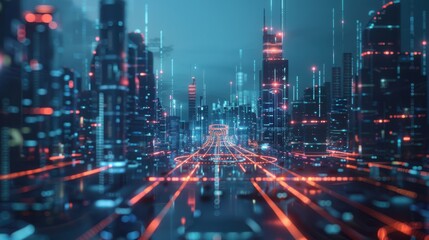 Fototapeta premium A futuristic AI-driven smart city illuminated with neon lights and digital networks. The cityscape features advanced infrastructure and glowing skyscraper