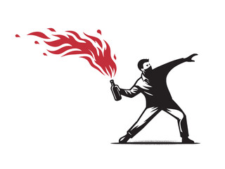 A protester throws a burning bottle. Molotov cocktail. Revolution. print. Black and white stencil vector illustration