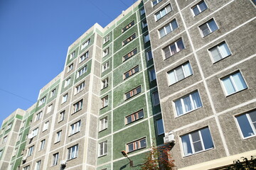 Cityscape of Russia. Panel house of the Soviet Union, old architecture of the building in the brutalism style