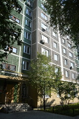 Cityscape of Russia. Panel house of the Soviet Union, old architecture of the building in the brutalism style