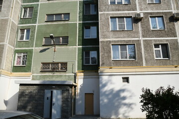 Cityscape of Russia. Panel house of the Soviet Union, old architecture of the building in the brutalism style