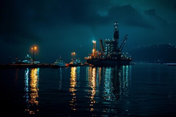 A majestic oil rig draped in nocturnal hues, reflecting shimmering lights on the water, exemplifying industry amidst the tranquil expanse of the night.