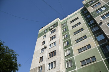 Cityscape of Russia. Panel house of the Soviet Union, old architecture of the building in the brutalism style