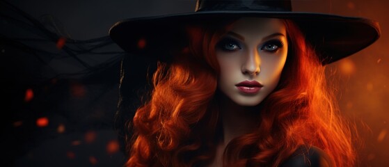 Captivating close-up portrait of a witch with vibrant red hair, her intense gaze complemented by the warm glow of embers and subtle fire effects in the background