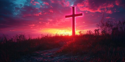 Cross standing on a hill at sunset with colorful skies and wildflowers in a peaceful landscape Generative AI