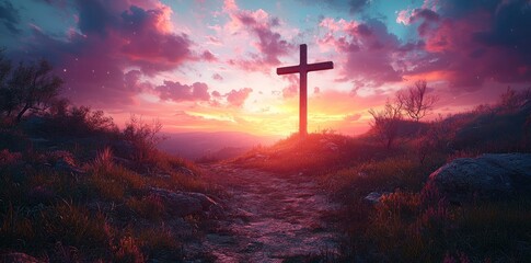 Cross standing on a hill at sunset with colorful skies and wildflowers in a peaceful landscape Generative AI