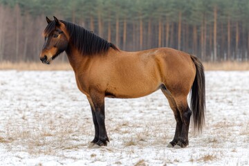 Winter scene with Przewalski's horse in the landscape, snow in the foreground and trees in the background. A Mongolian wild horse in its natural habitat.