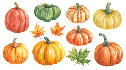 Ripe Colorful Pumpkin Set in Watercolor Clipart