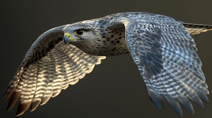 A hawk in flight, showcasing its detailed feathers and powerful wings against a soft background.