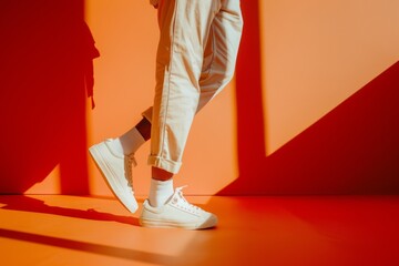 A dynamic shot of sneakers on a color-drenched floor, reflecting energy and a playful urban vibe.