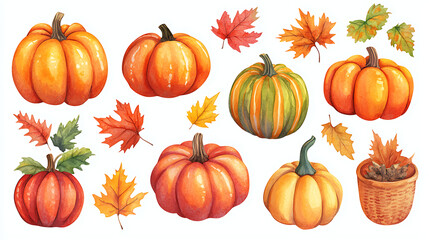 Ripe Colorful Pumpkin Set in Watercolor Clipart