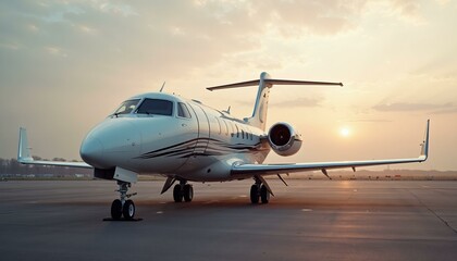 Large White Private Jet Parked on Runway Under Cloudy Sky
