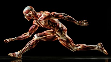 Anatomical figure in motion, showcasing human muscle structure, isolated on black.