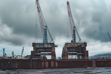 Two massive cranes tower over a dockyard, silhouetted against a cloudy sky, depicting industrial strength and scale.