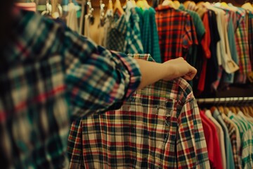Fototapeta premium A person holds up a plaid shirt amidst rows of colorful clothing, browsing through a lively, bustling store.