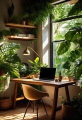 Fototapeta premium charming nature inspired workspace featuring cozy laptop setup surrounded greenery fresh cup coffee, desk, plants, wood, furniture, light, window, lamp