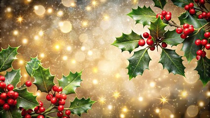 Fototapeta premium Festive Christmas background with holly and lights
