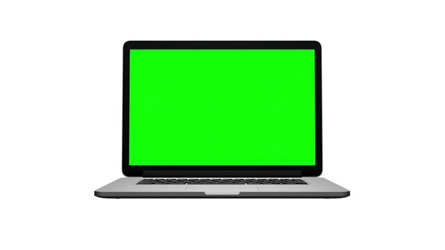 3d rendering of a silver laptop opening and closing with green screen on white background