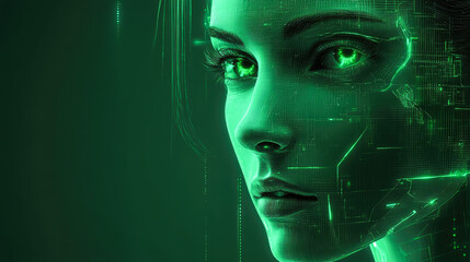 A digitally enhanced portrait of a female with green neon elements, reflecting cyber themes and intricate lines.