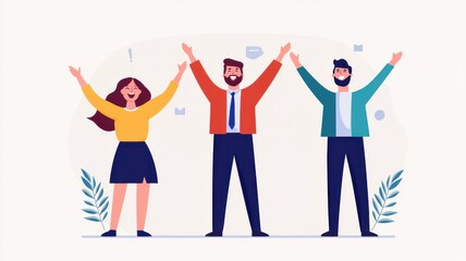 A vibrant illustration of three people celebrating with raised hands, conveying joy and positivity in a dynamic, engaging style.