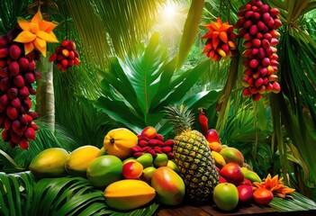 lush foliage surrounded vibrant exotic fruits harmoniously nestled among green leaves tropical setting, botanical, greenery, flora, plants, colors, textures