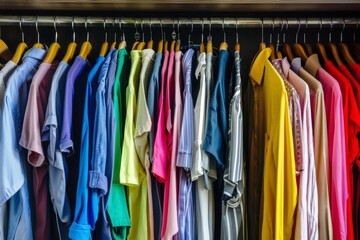 Fototapeta premium A vibrant assortment of neatly hung shirts in a closet, showcasing a spectrum of colors, from blues to reds, representing diversity and style.