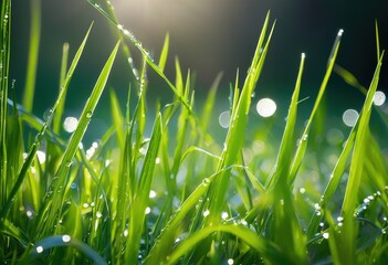 captivating close refreshing dew drenched grass blades sunlight sparkling enhancing natural beauty, droplets, greenery, texture, summer, morning, sparkle