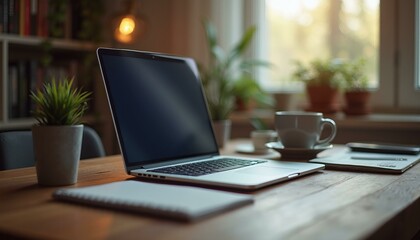 Fototapeta premium Wooden Desk with Laptop, Coffee Mug, and Small Plant by Window
