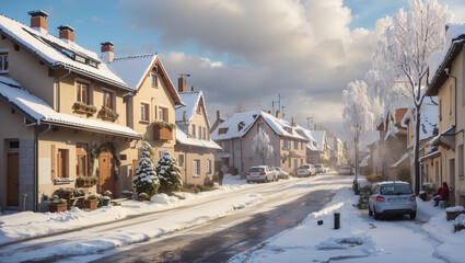 Obraz premium A snowy village street, with light beige houses, snow-covered roofs, and parked cars. Sunny day.