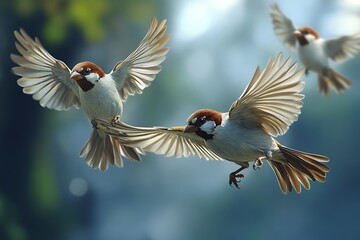 Three sparrows in mid-flight, showcasing their wings and vibrant plumage in a natural setting.