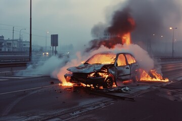 A burned-out car consumes fire on the foggy roadside, portraying devastation and despair.