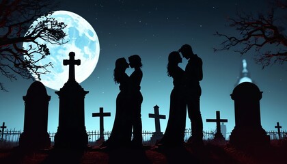 A striking silhouette of a couple embracing passionately beneath the luminous moonlight in an old graveyard, capturing the juxtaposition of love and loss in a surreal atmosphere, Generative AI