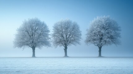 Fototapeta premium Three Frosted Trees in a Foggy Winter Field