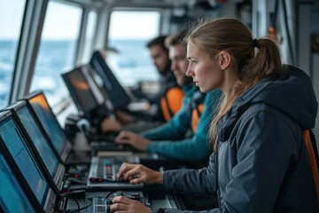 Blonde woman scientist and other scientists analyze data from sensors in the ocean on a ship. Concept: Science Day, ecology, oceanographer