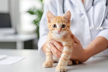 Veterinarian examining a cute orange kitten in a clinical setting.