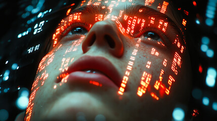 A close-up of a face gazing upwards, covered in luminous red data patterns, signifying virtual technology and human essence.