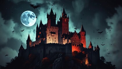 A dramatic painting of a spooky Dracula castle enveloped in darkness, with bats flying around and a sinister aura that enhances the feeling of dread and foreboding, Generative AI
