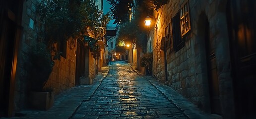 Fototapeta premium A narrow cobblestone street in a historic town, lit by street lamps at night.