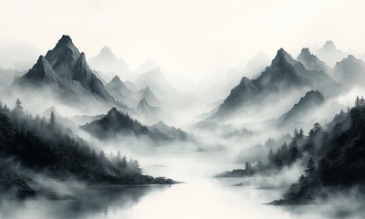 Chinese Style Minimalist Artistic Background Featuring Calm Misty Mountains and Flowing Water
