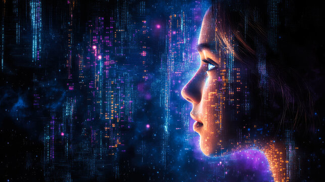A side profile of a woman surrounded by floating data streams in a cosmic setting, highlighting technological themes.