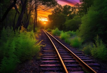 Obraz premium serenity shadows captivating moody sunset over abandoned train tracks surrounded lush foliage, autumn, desert, landscape, colors, nature, scenery, trees