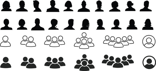 People line and flat icons set. Team of workers. User profile symbol. Group of people. Group of users collection. Persons symbol. Men women. Crowd of humans. partnership businessman network member
