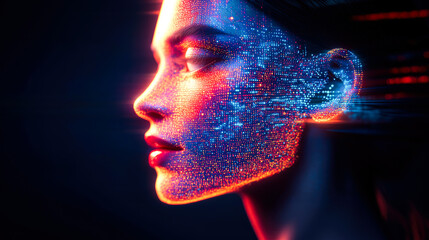 A side profile rendered in vivid digital dots and lines, set against a dark background emphasizing vibrant colors.