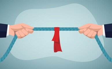 Tug of war, two businessmen pulling a rope in opposite directions. Business competition and negotiations.