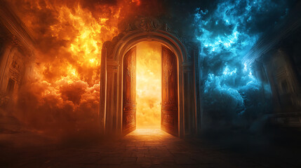 Heaven and Hell Gates Choice with Fiery and Celestial Contrast