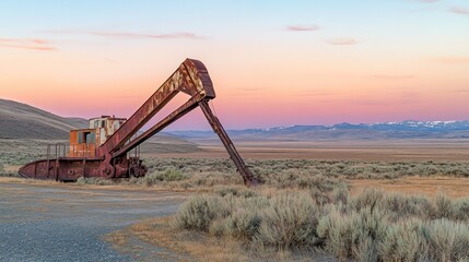 Rusty Crane in a Desert Landscape at Sunset