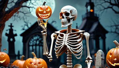 An eerie Halloween horror poster featuring a skeleton holding a pumpkin adorned with intricate carvings, against a backdrop of a haunted graveyard, evoking a sense of fear and intrigue, Generative AI
